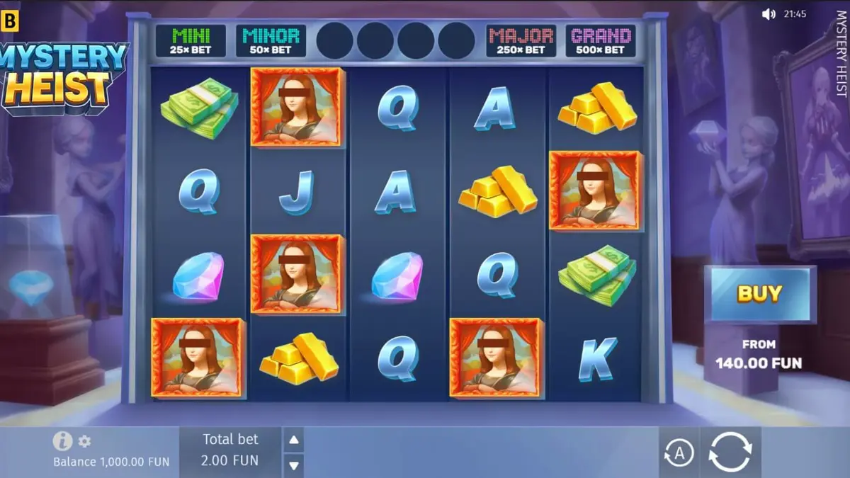 Interface do slot Mystery Heist com tema de assalto cinematográfico