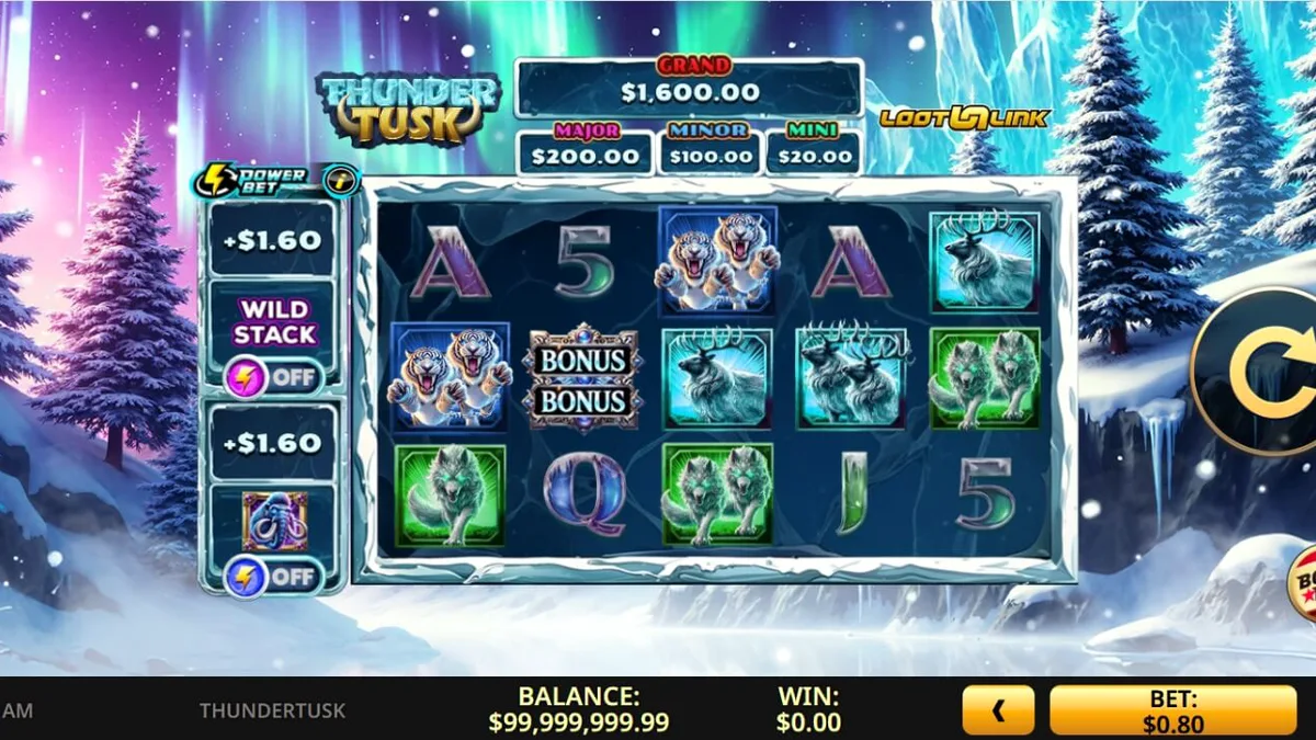 Cena de jogo do slot Thunder Tusk com mamute e ambiente de tundra